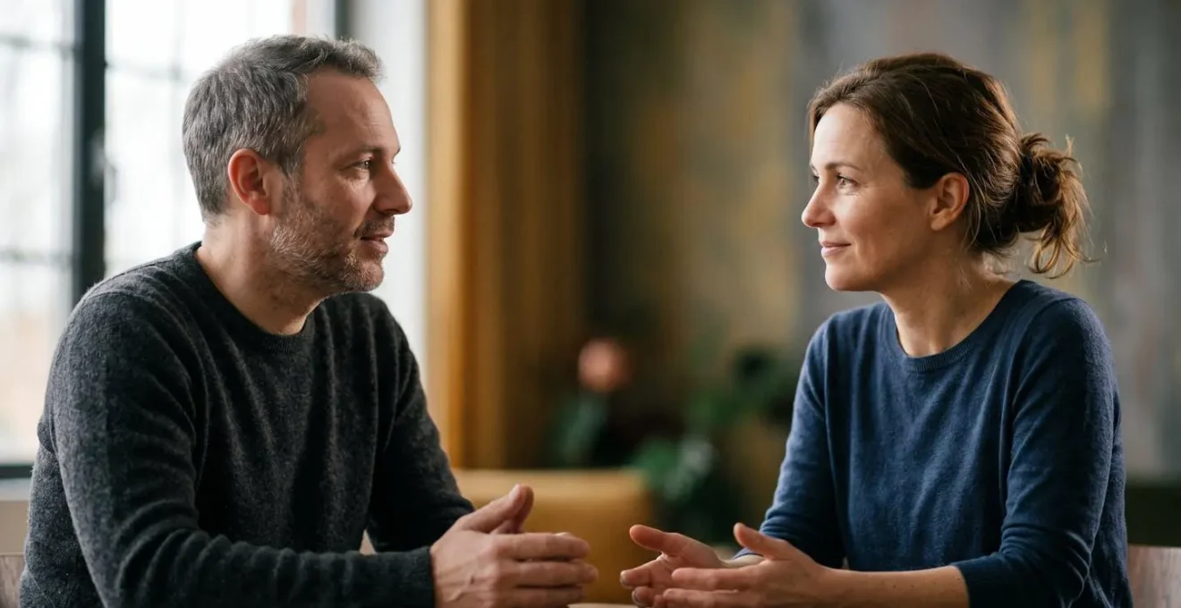 Deux parents en discussion posée et respectueuse incarnant l'unité éducative