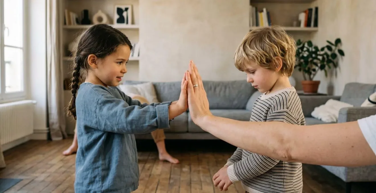 Parent agenouillé entre deux jeunes enfants, main levée en geste d'arrêt calme et ferme