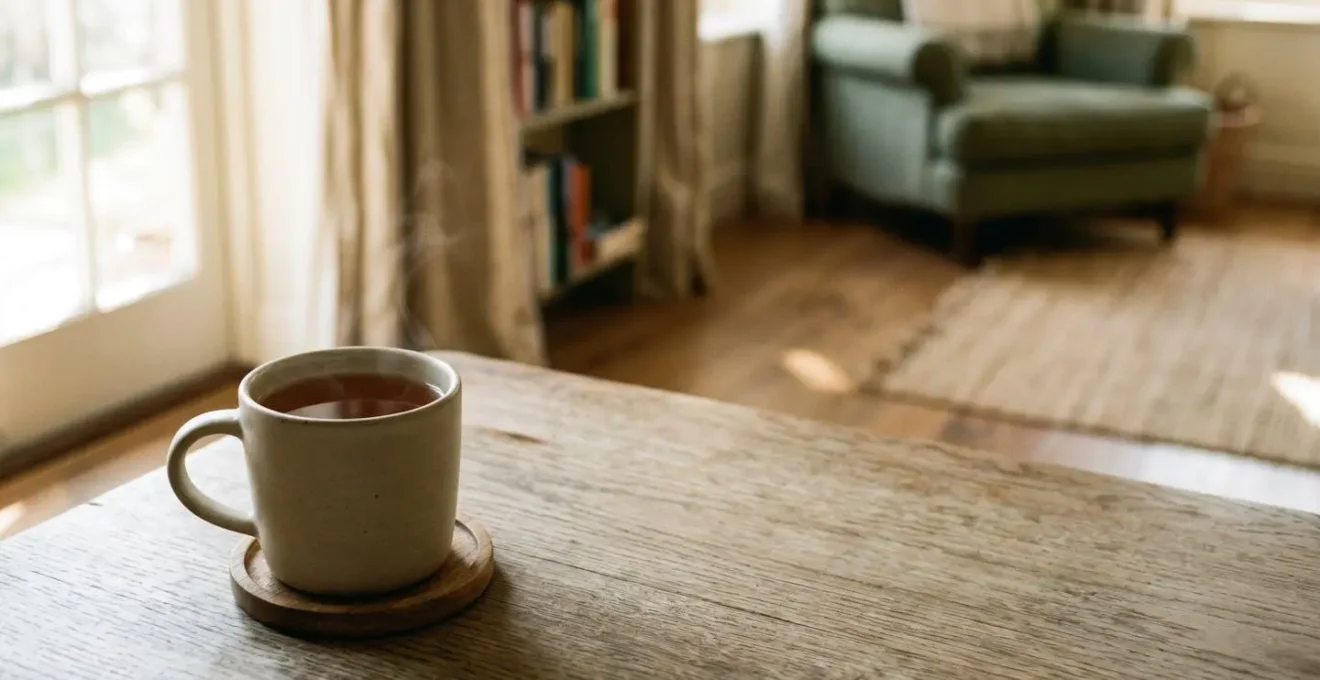 Composition minimaliste montrant une tasse de thé fumante posée sur une table près d'une fenêtre lumineuse, symbolisant un moment de répit parental