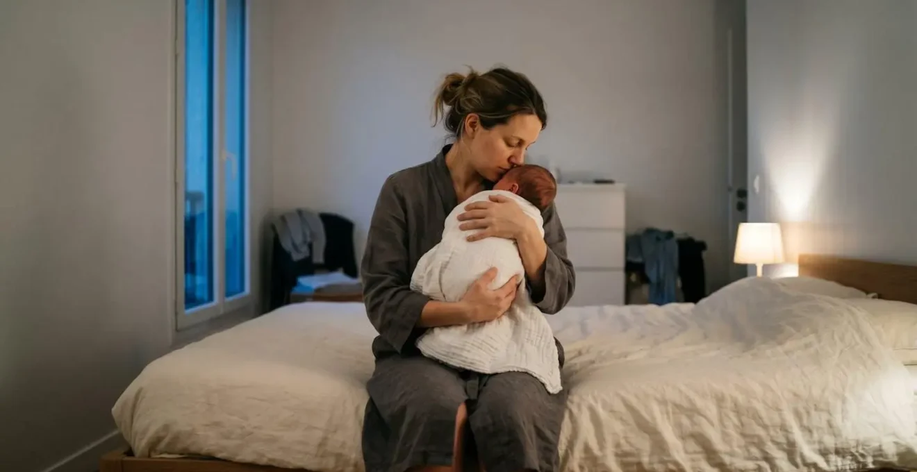 Parent tenant son nouveau-né pendant la nuit, évoquant la fatigue du quatrième trimestre et l'importance du soutien familial et institutionnel