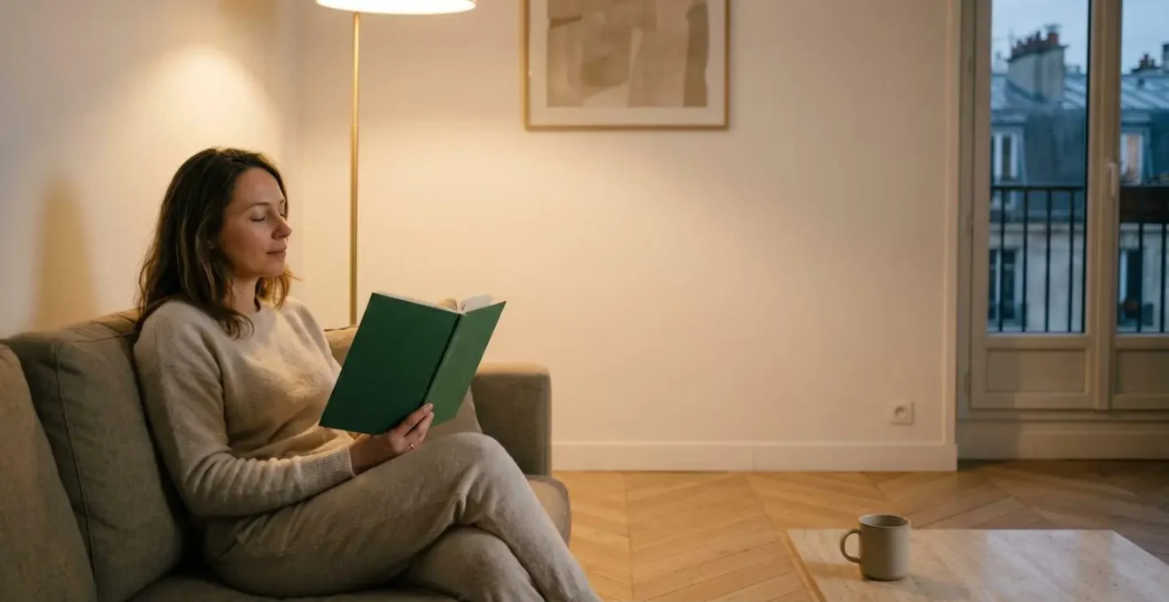 Silhouette de parent seul en moment de lecture paisible sur canapé dans intérieur français contemporain avec lumière tamisée chaleureuse