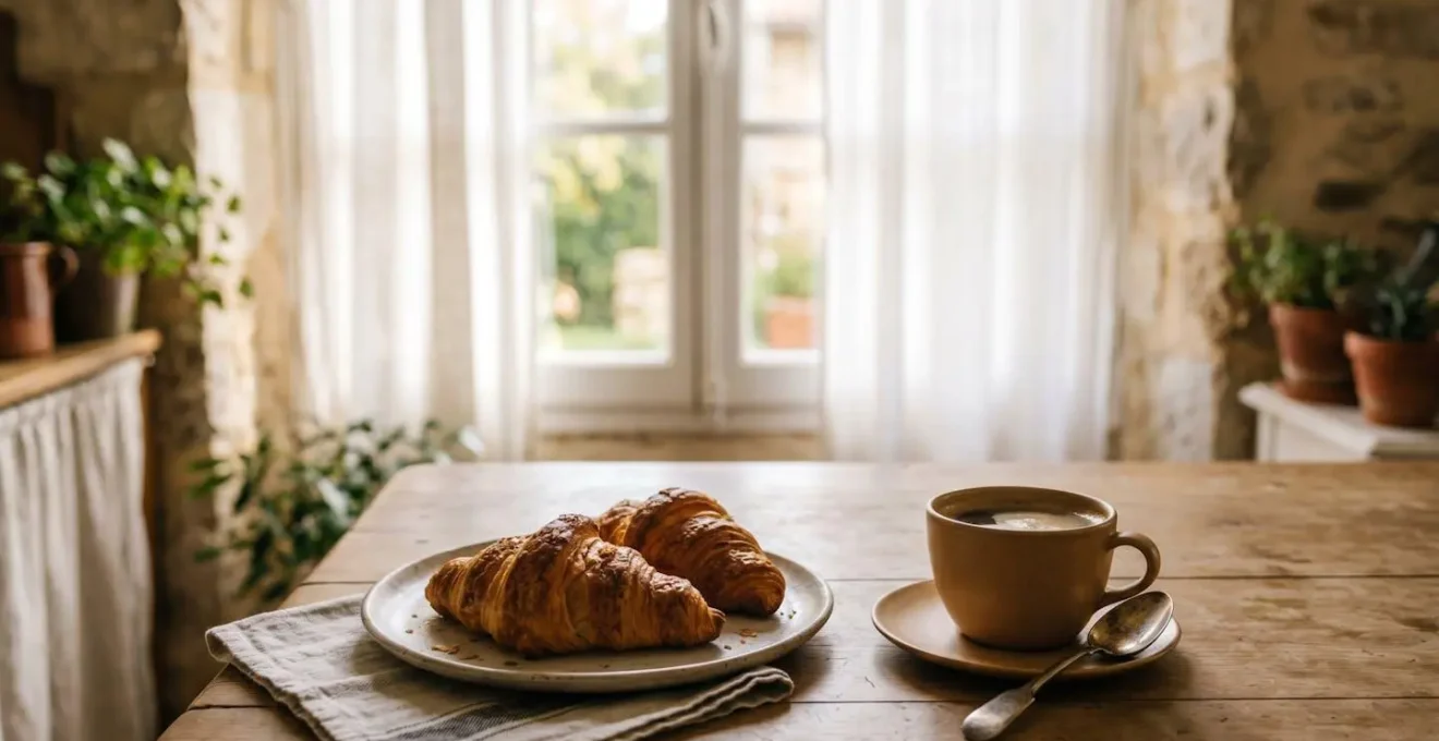 Table de petit-déjeuner française avec croissants et café dans la lumière matinale douce