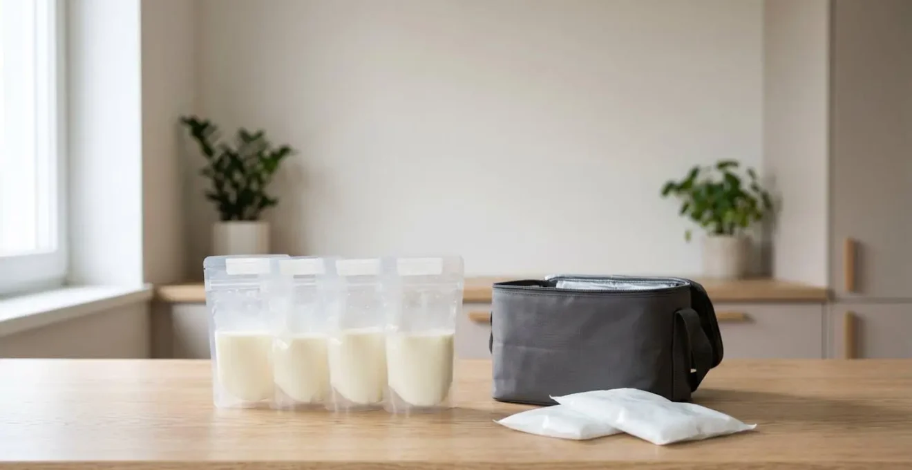 Équipement de conservation du lait maternel avec glacière et contenants adaptés dans une ambiance lumineuse et propre