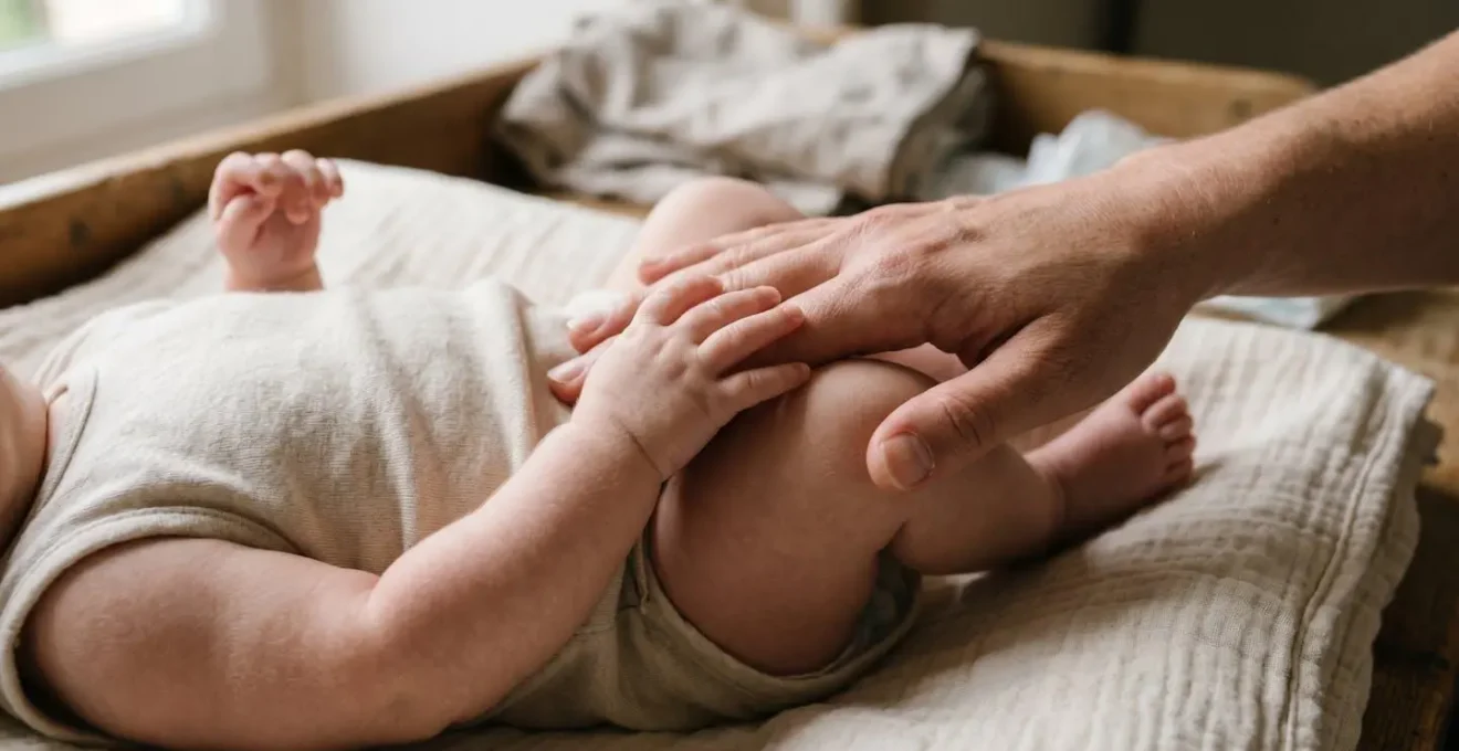 Parent changeant son bébé avec attention et douceur, illustrant l'approche du soin respectueux comme moment privilégié de connexion