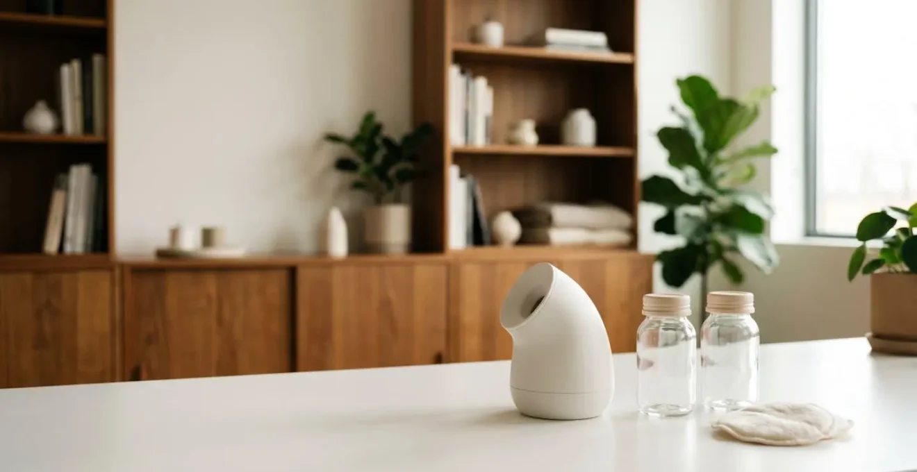 Ensemble minimaliste d'accessoires pour tire-allaitement disposés sur un bureau épuré près d'une fenêtre